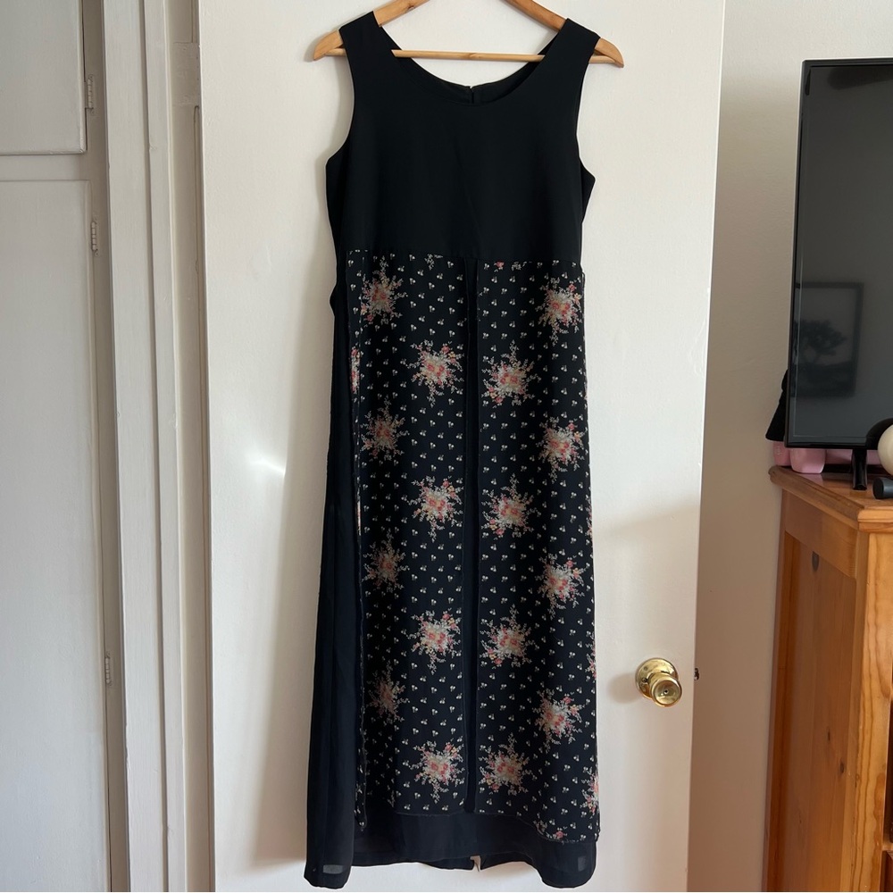90s Black Floral Panelled Dress with Tie Back Size M